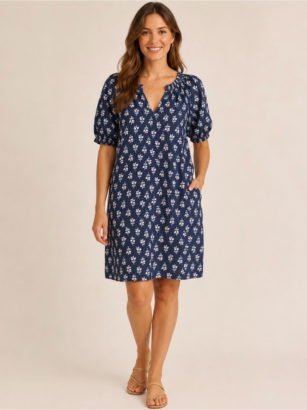 Garnet Hill Smocked European Flax Floral Linen Midi Dress NWT Sz 6